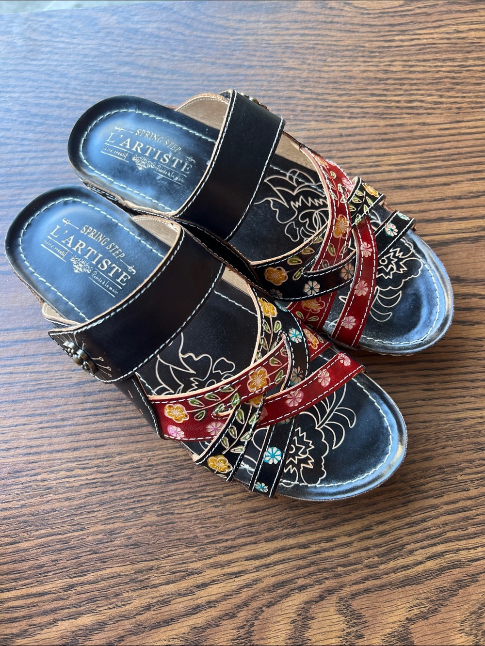 L'Artiste Black Floral Slip-On Clog Mules with Red Accent